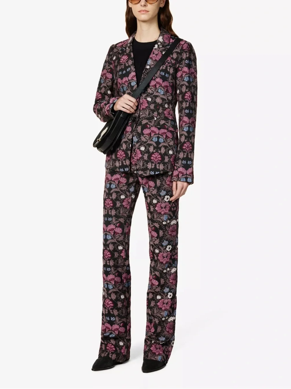 PAIGE Black Floral Jacquard Blazer with Pink and Blue Accents